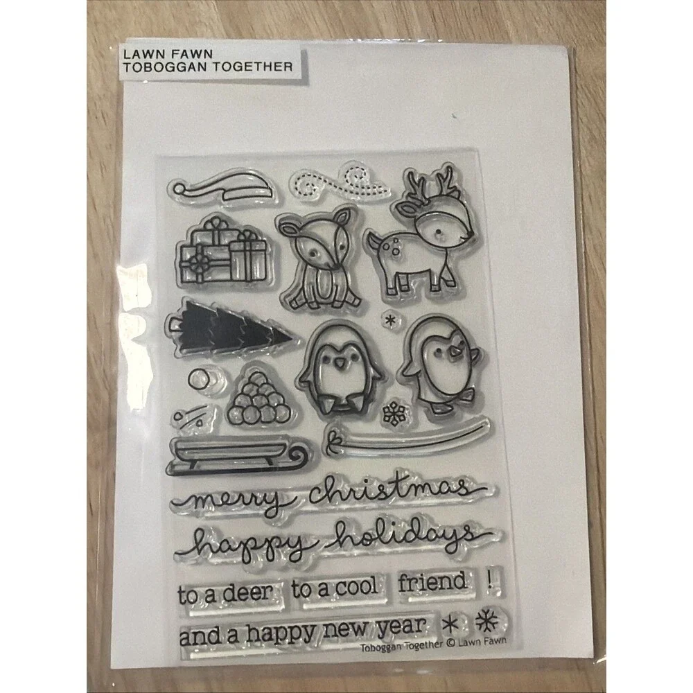 Lawn Fawn Toboggan Together Stamp Set penguin deer sled christmas winter snow